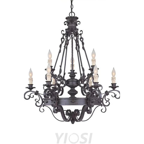 Vintage Iron Simple Candle Art Chandelier For Living Room / Villa Stairs 9 Lights: