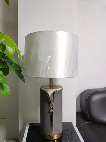 Vintage Leather Table Lamp ∅ 14.2″ - Fabric-1-Yiosilamp