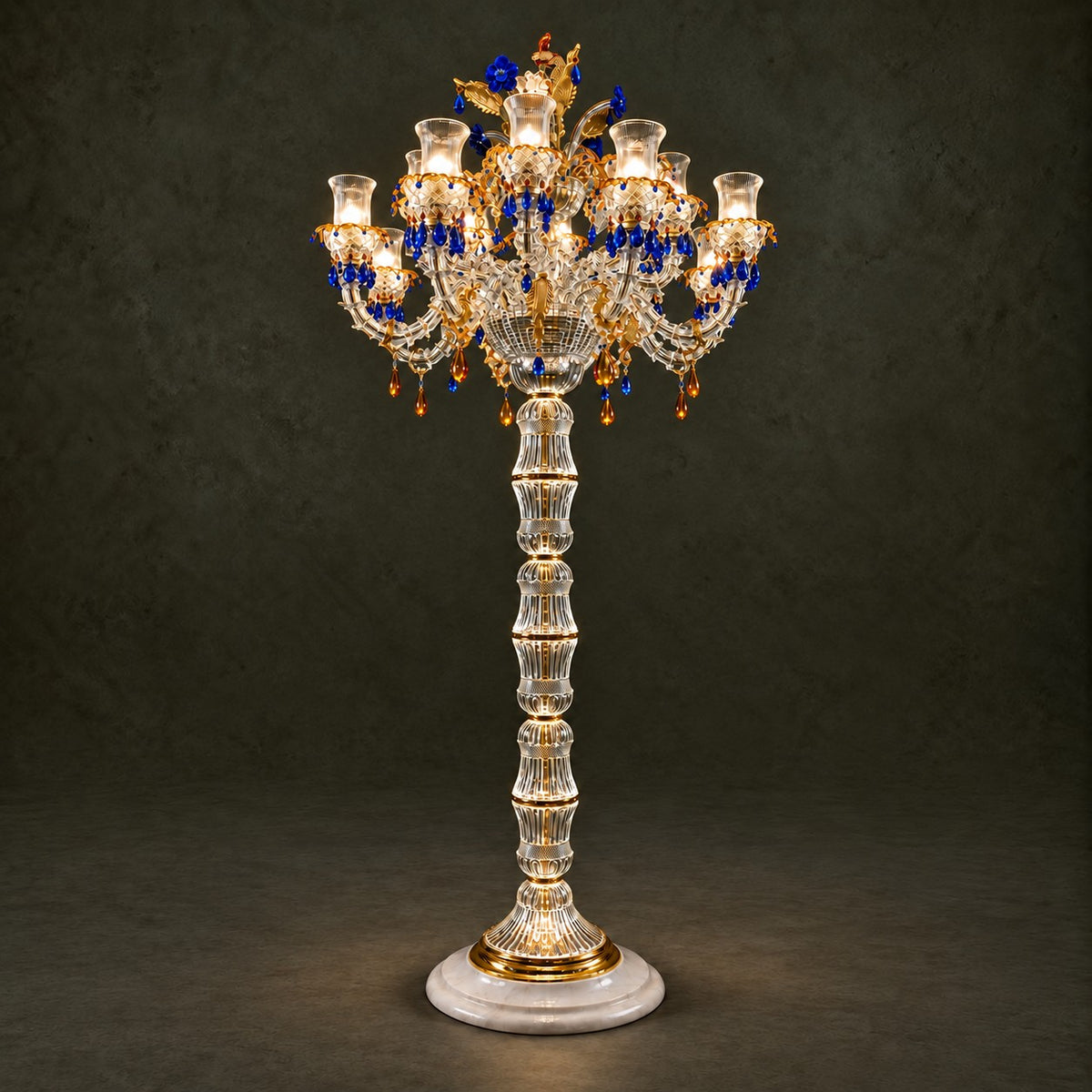 Vionelle Blue Amber Glass 16-Light Floor Lamp 102.4" on a dark olive wall