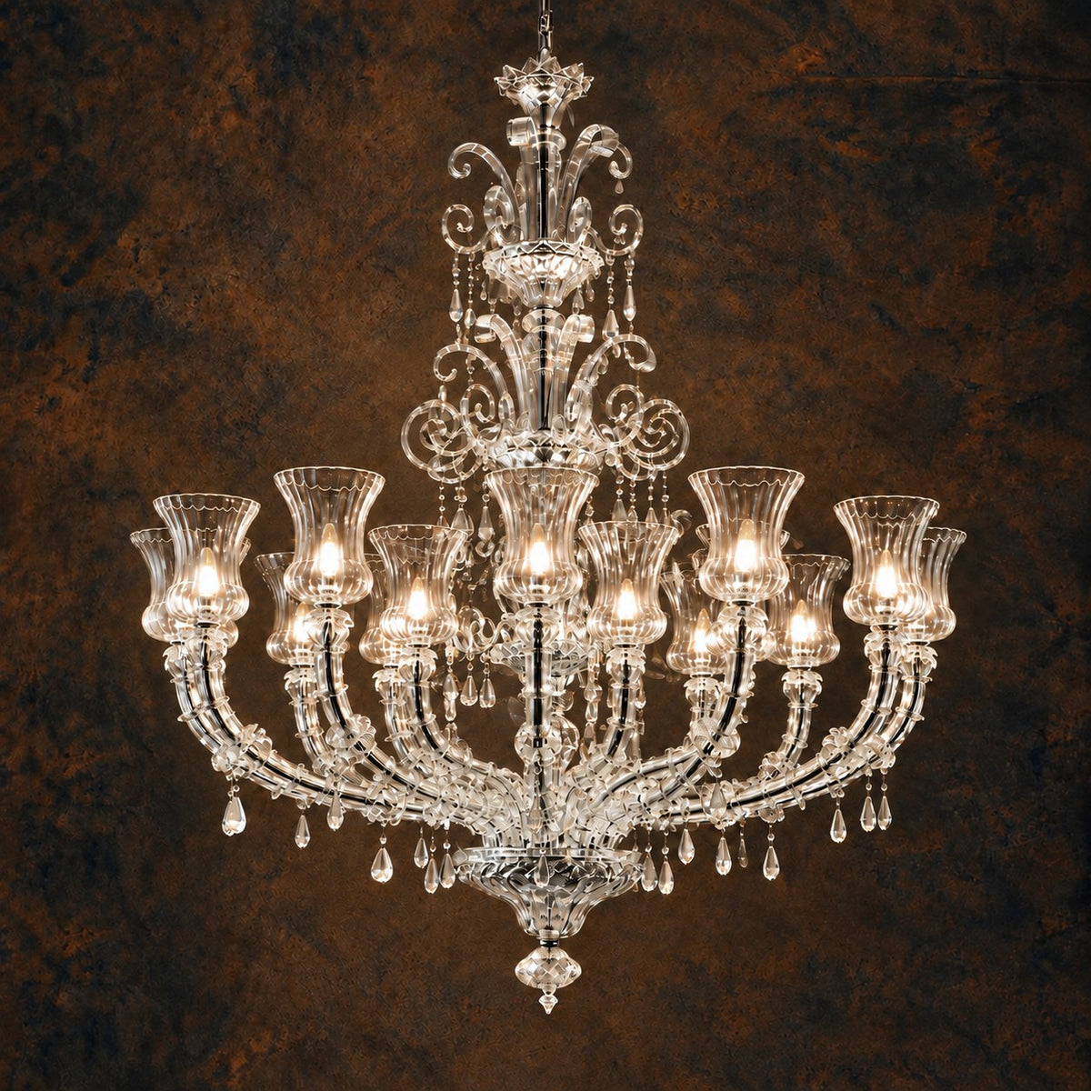Vistrale Clear Tiered Glass 18-Light Chandelier 59.1" on a dark olive wall