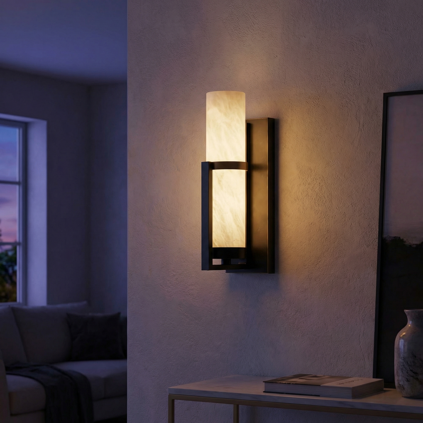 Yiosi Sculpted Form Cylinder in Frame Alabaster Wall Sconce - Image 2