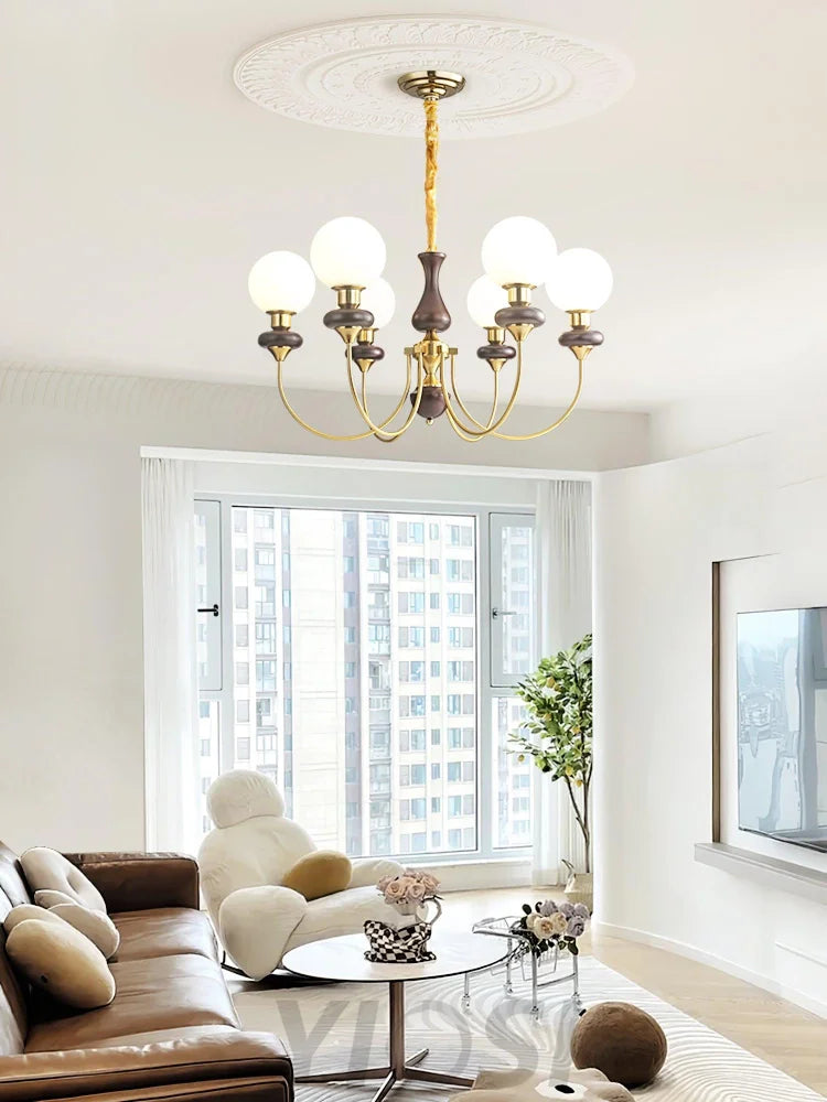 Walnut Brass Chandelier with 3/6/8 lamps - Bend, Marshmallow Chandelier-1-Yiosilamp