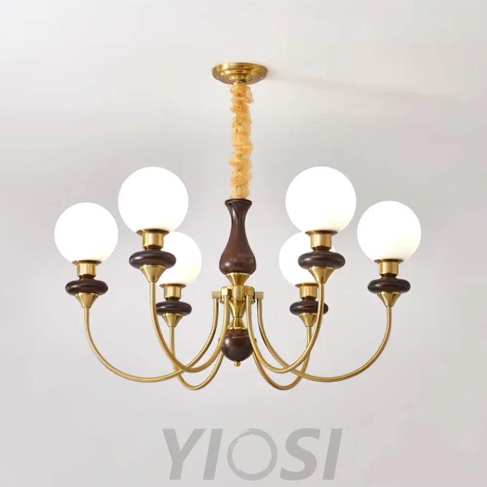 Walnut Brass Chandelier with 3/6/8 lamps - Bend, Marshmallow Chandelier-1-Yiosilamp