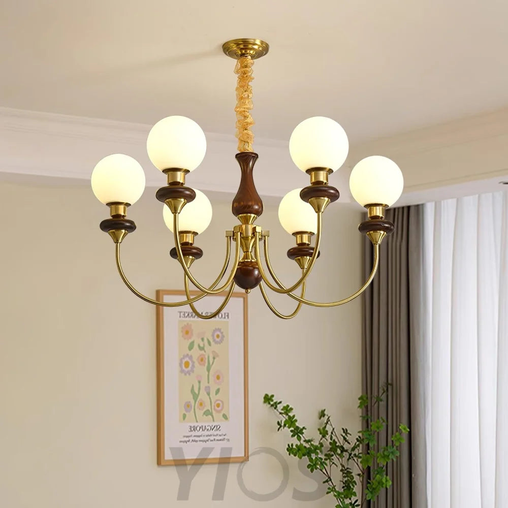 Walnut Brass Chandelier with 3/6/8 lamps - Bend, Marshmallow Chandelier-1-Yiosilamp