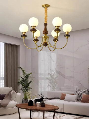 Walnut Brass Chandelier with 3/6/8 lamps - Bend, Marshmallow Chandelier-1-Yiosilamp