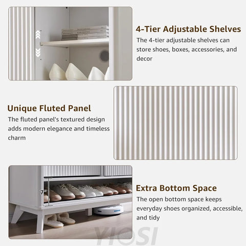 T4TREAM White Fluted Shoe Storage Cabinet - Organizer for Entryway
