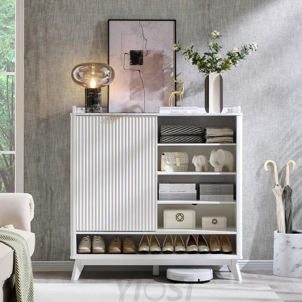 T4TREAM White Fluted Shoe Storage Cabinet - Organizer for Entryway