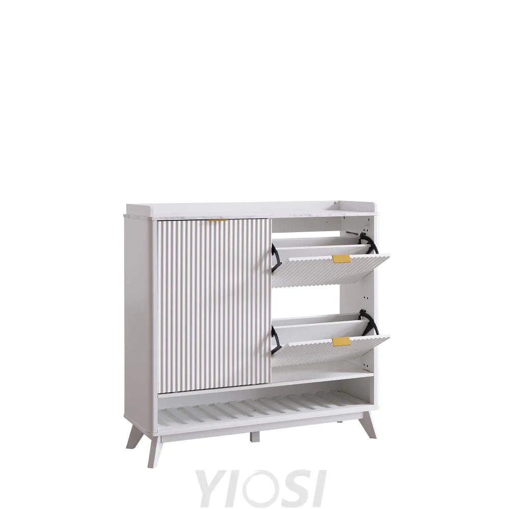 White Fluted Shoe Storage Cabinet - Organizer for Entryway Solid White