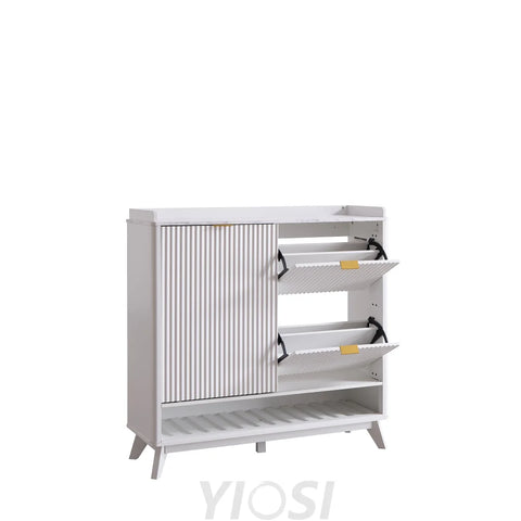White Fluted Shoe Storage Cabinet - Organizer for Entryway Solid White