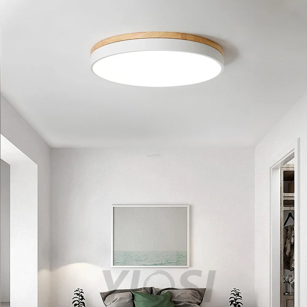 White Round Wooden Ceiling Light - Flush Mounts, Wood, Wood & White-1-Yiosilamp