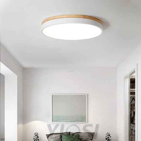 White Round Wooden Ceiling Light - Flush Mounts, Wood, Wood & White-1-Yiosilamp