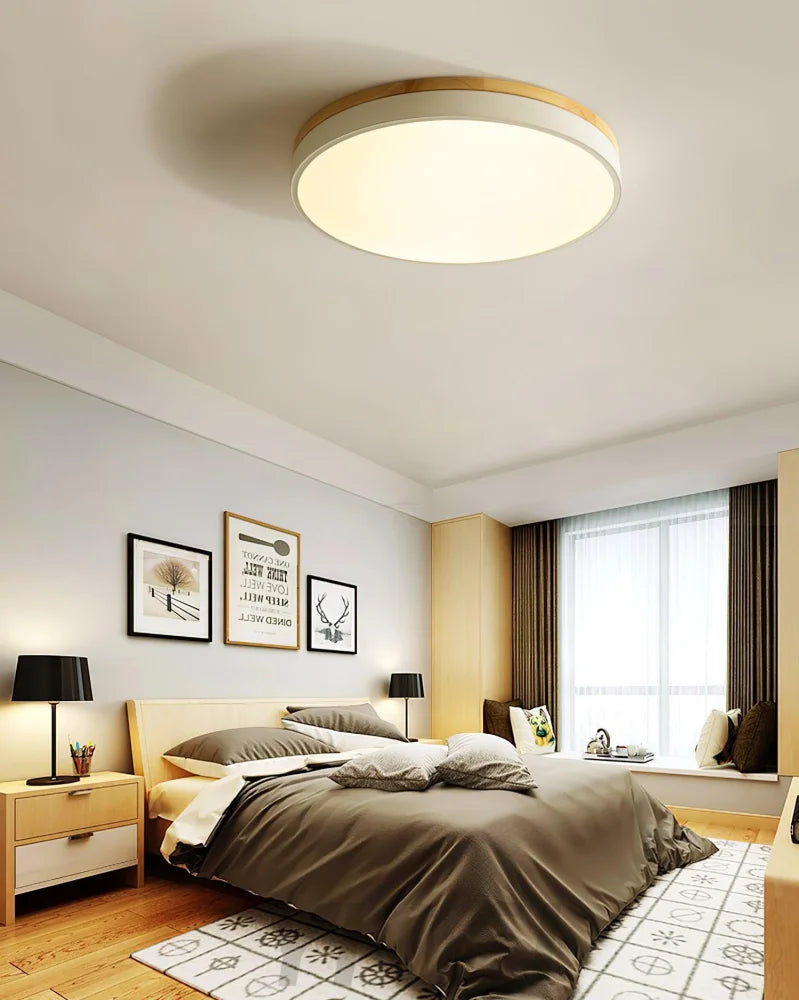 White Round Wooden Ceiling Light - Flush Mounts, Wood, Wood & White-1-Yiosilamp