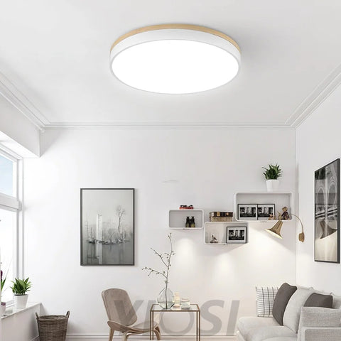 White Round Wooden Ceiling Light - Flush Mounts, Wood, Wood & White-1-Yiosilamp