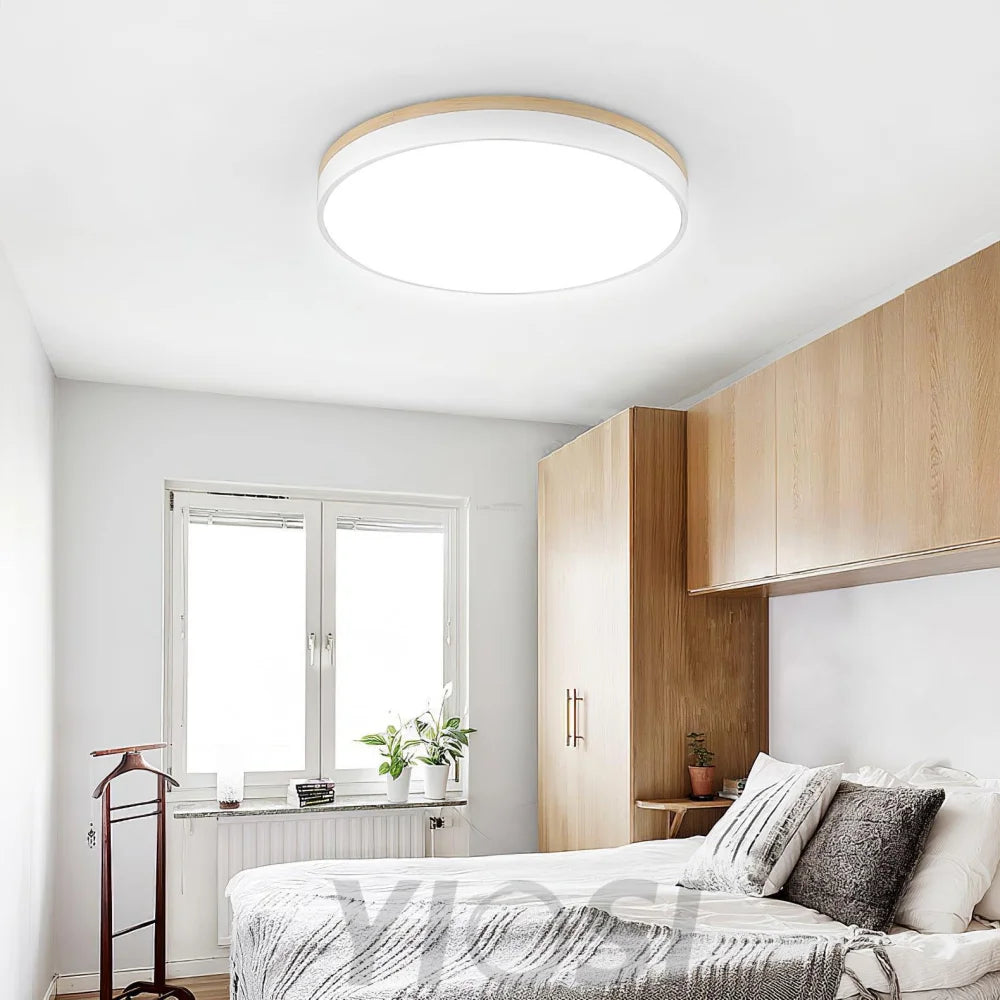 White Round Wooden Ceiling Light - Flush Mounts, Wood, Wood & White-1-Yiosilamp