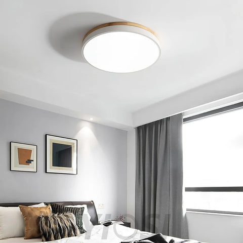 White Round Wooden Ceiling Light - Flush Mounts, Wood, Wood & White-1-Yiosilamp