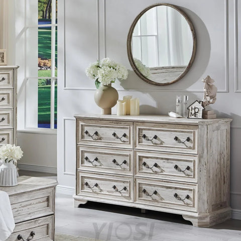 Wide Rustic Farmhouse 6-Drawer Dresser | Distressed White Wood