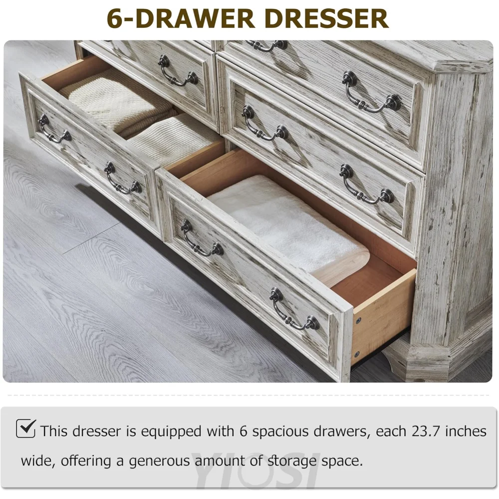 Wide Rustic Farmhouse 6-Drawer Dresser | Distressed White Wood