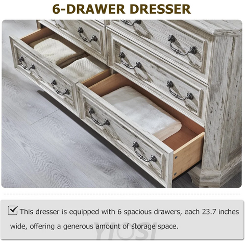 Wide Rustic Farmhouse 6-Drawer Dresser | Distressed White Wood