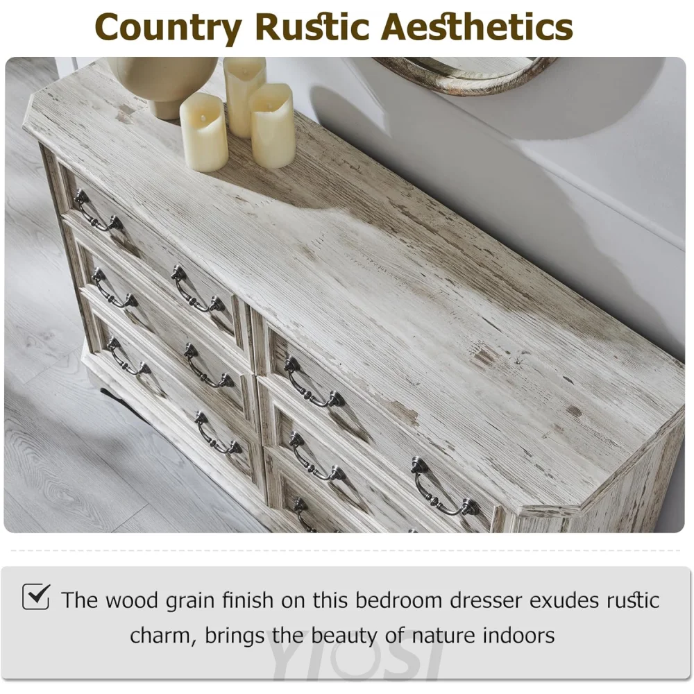 Wide Rustic Farmhouse 6-Drawer Dresser | Distressed White Wood