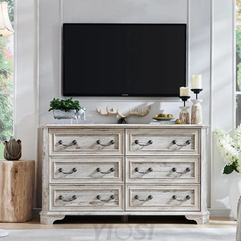 Wide Rustic Farmhouse 6-Drawer Dresser | Distressed White Wood