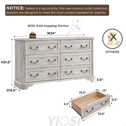 Wide Rustic Farmhouse 6-Drawer Dresser | Distressed White Wood