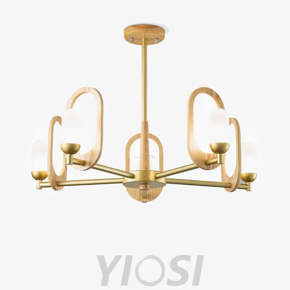 Wood Art Halo Chandelier with 3/5 heads - Wood, Wood Color & Gold-1-Yiosilamp