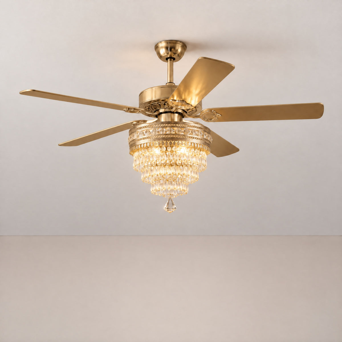 Wood Blade Ceiling Fan with Tiered K9 Crystal Chandelier