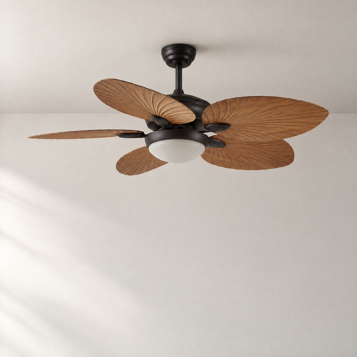Wood Grain Palm Leaf Ceiling Fan with LED Dome Light – lights off