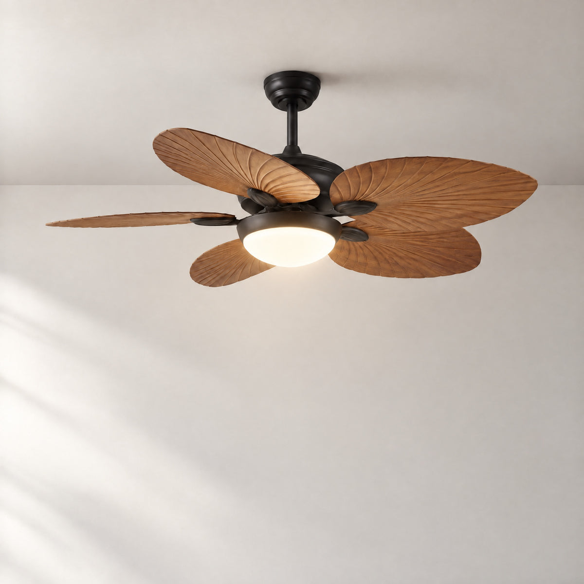 Wood Grain Palm Leaf Ceiling Fan with LED Dome Light – lights on