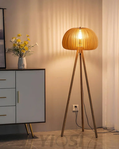 Wooden Pumpkin Floor Lamp  ∅ 17.7″ - Wood-1-Yiosilamp