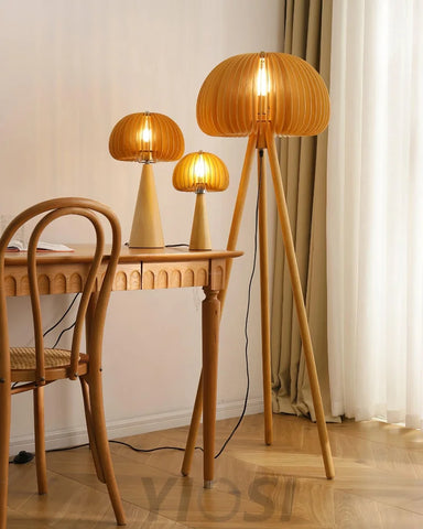 Wooden Pumpkin Floor Lamp  ∅ 17.7″ - Wood-1-Yiosilamp