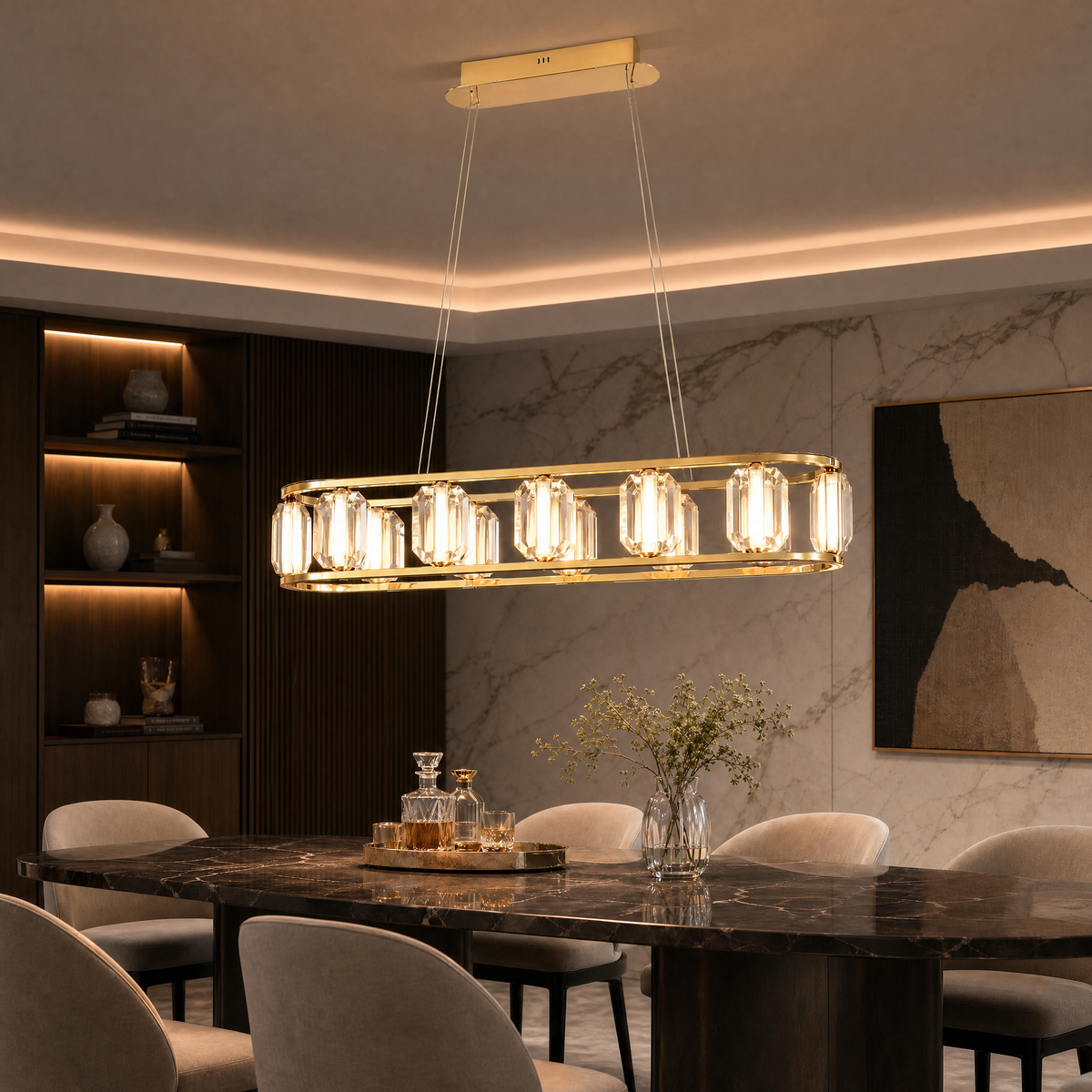 Crystal Linear Chandelier in a dining room