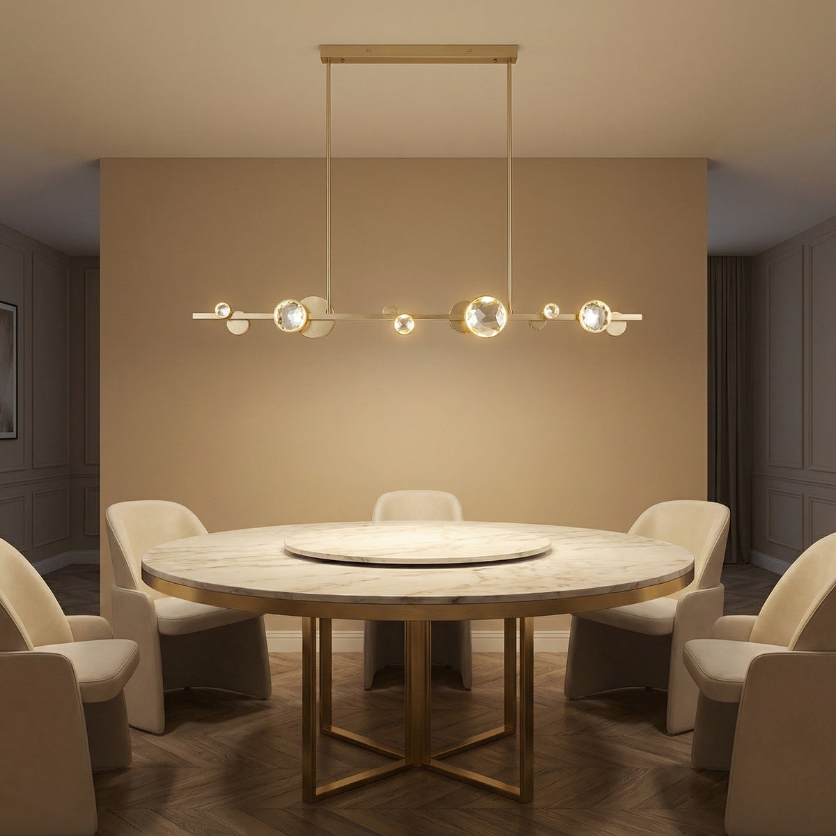 Yiosi Eclipse 63 inch crystal linear chandelier in modern American dining room