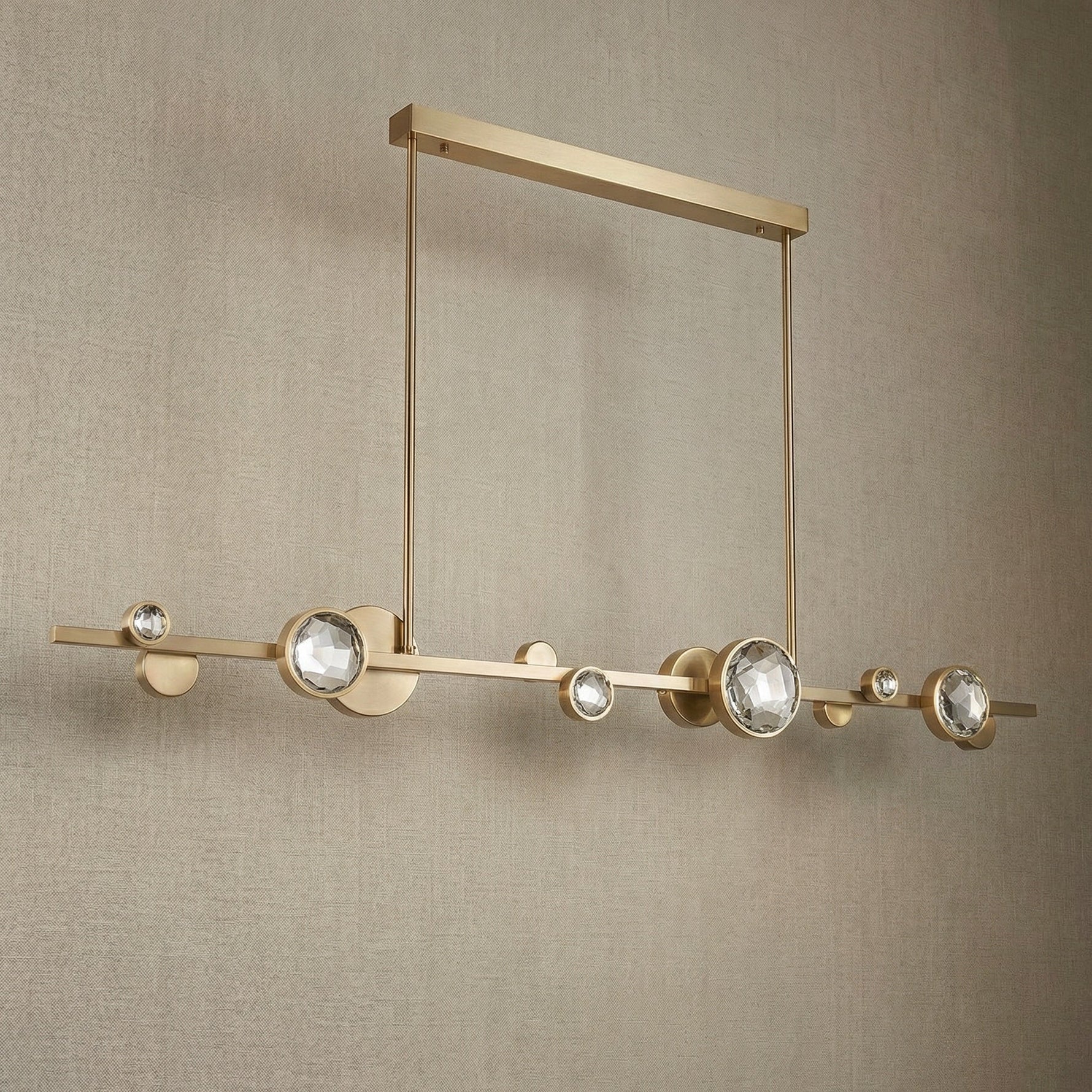 Yiosi Eclipse K9 crystal linear chandelier with polished chrome finish — modern dining pendant