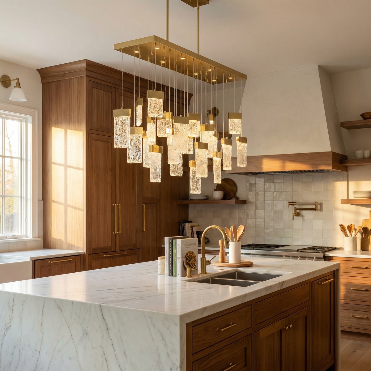 47 inch linear fluted glass pendant over kitchen island marble countertop — Yiosi Knox chandelier