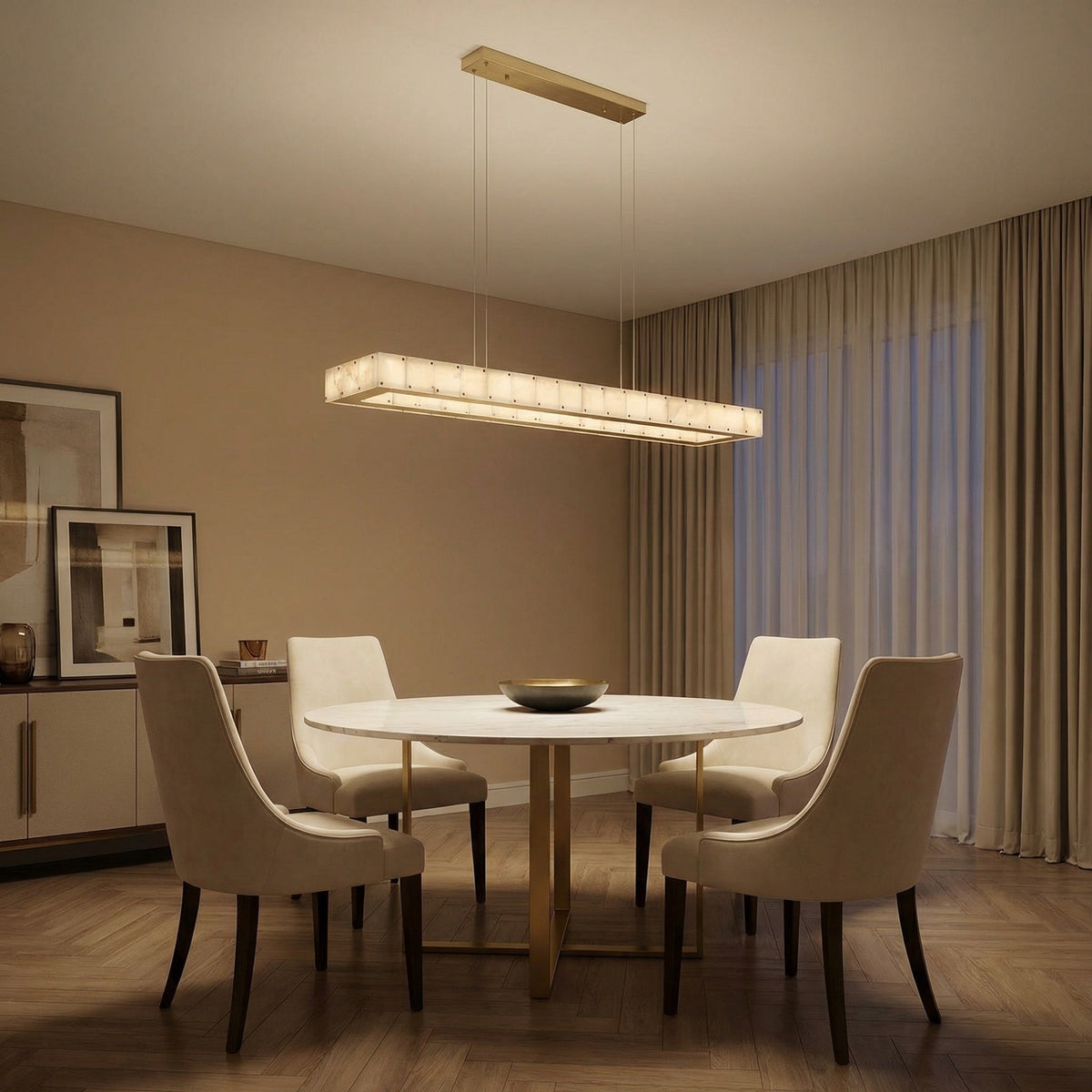 48 inch Style B alabaster linear pendant over kitchen island marble countertop — Yiosi Madison alabaster chandelier