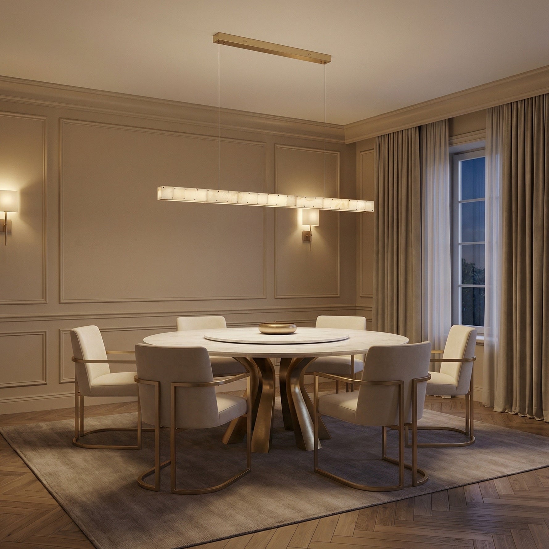 63 inch alabaster linear pendant over kitchen island marble countertop — Yiosi Madison alabaster chandelier
