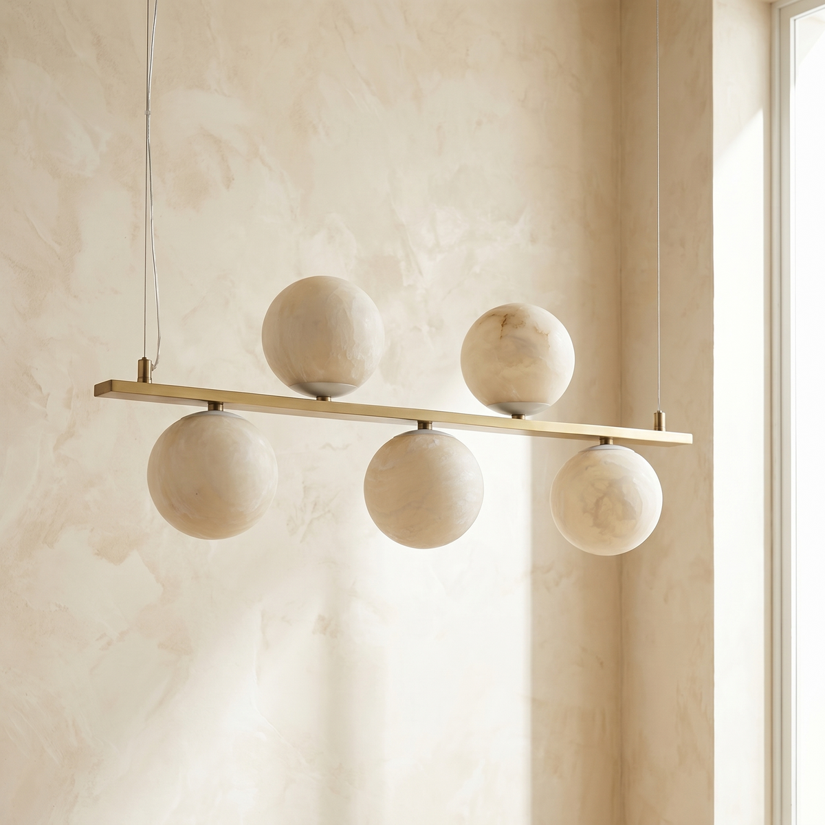 Brass 5-orb Linear Alabaster Pendant Light — W1000 — mra-brass-5-orb-linear-91027-w1000-dark