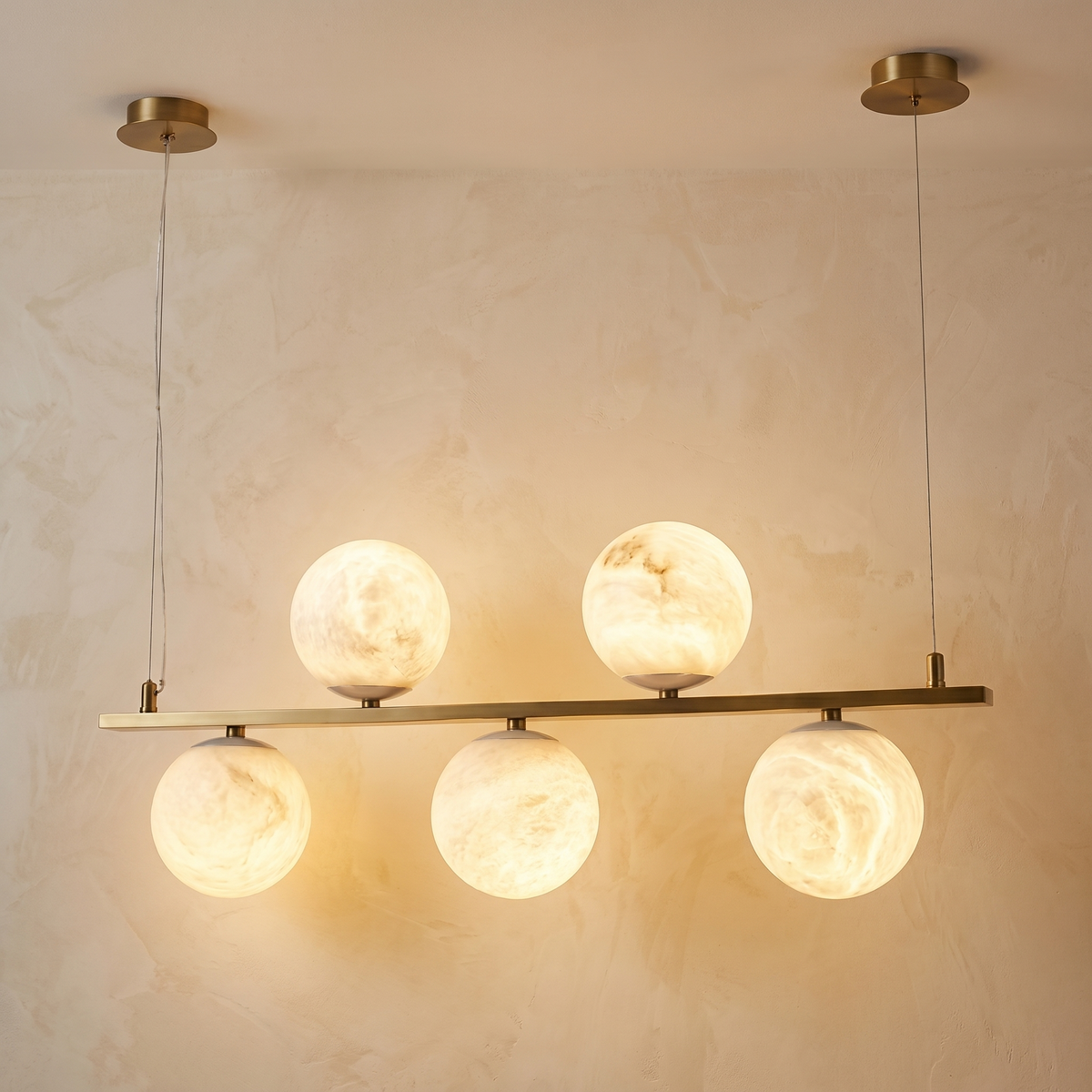 Brass 5-orb Linear Alabaster Pendant Light — W1000 — mra-brass-5-orb-linear-91027-w1000-product