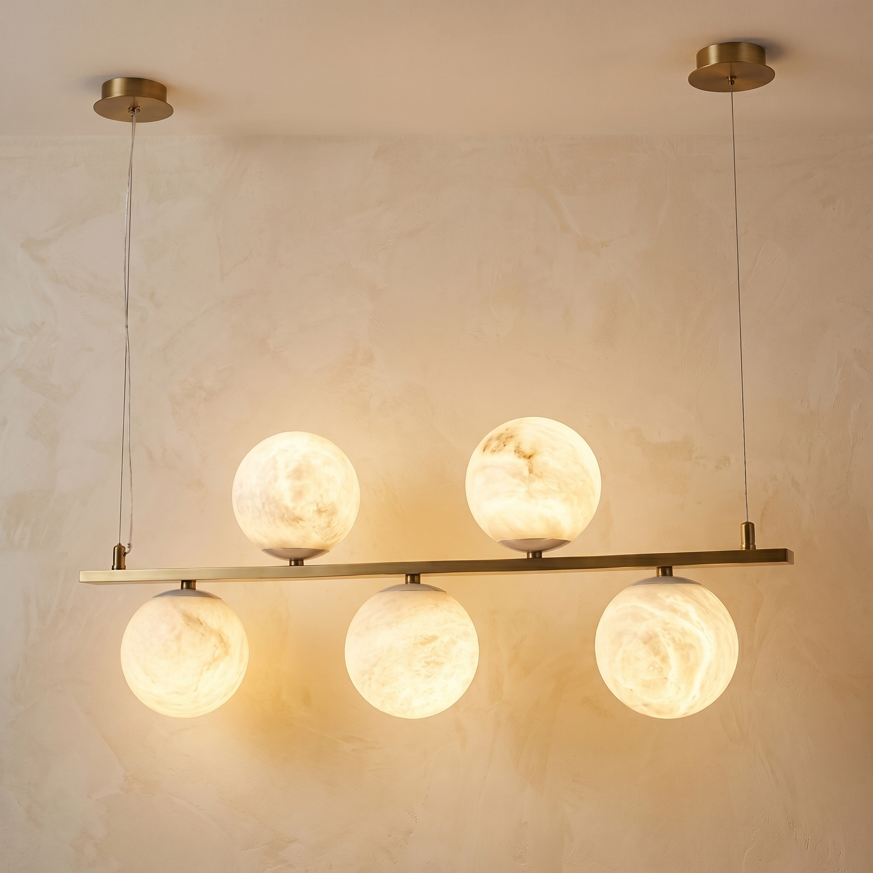 Brass 5-orb Linear Alabaster Pendant Light — W1000 — mra-brass-5-orb-linear-91027-w1000-product