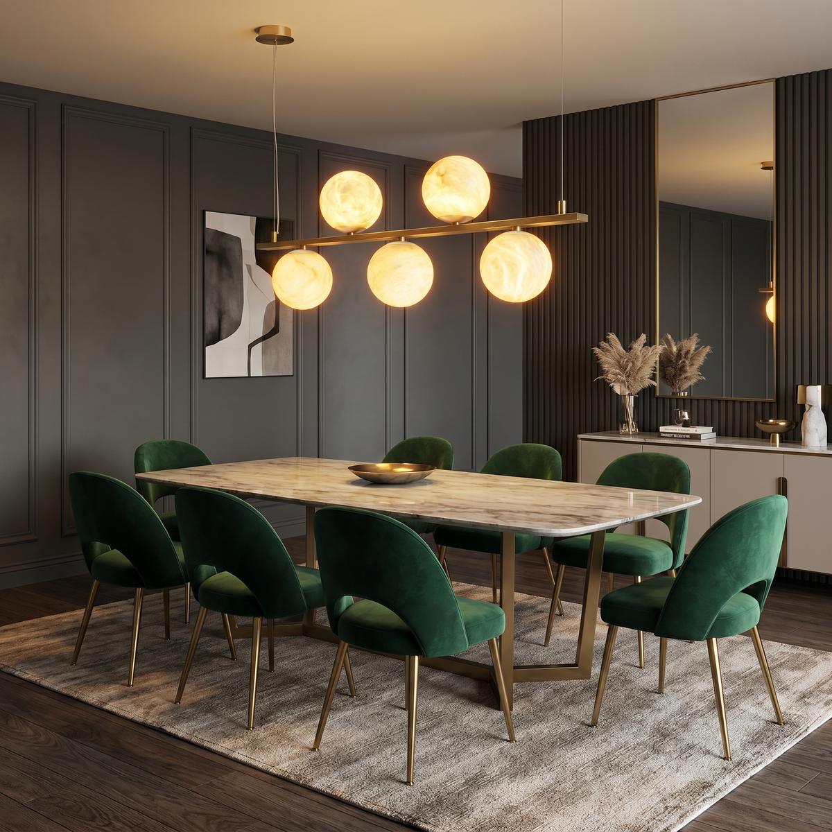Brass 5-orb Linear Alabaster Pendant Light — W1000 — mra-brass-5-orb-linear-91027-w1000-scene-1