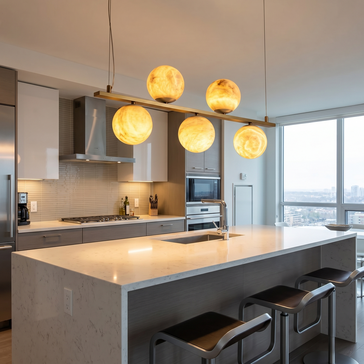 Brass 5-orb Linear Alabaster Pendant Light — W1000 — mra-brass-5-orb-linear-91027-w1000-scene-2