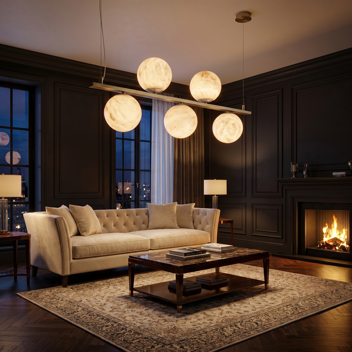 Brass 5-orb Linear Alabaster Pendant Light — W1000 — mra-brass-5-orb-linear-91027-w1000-scene-3