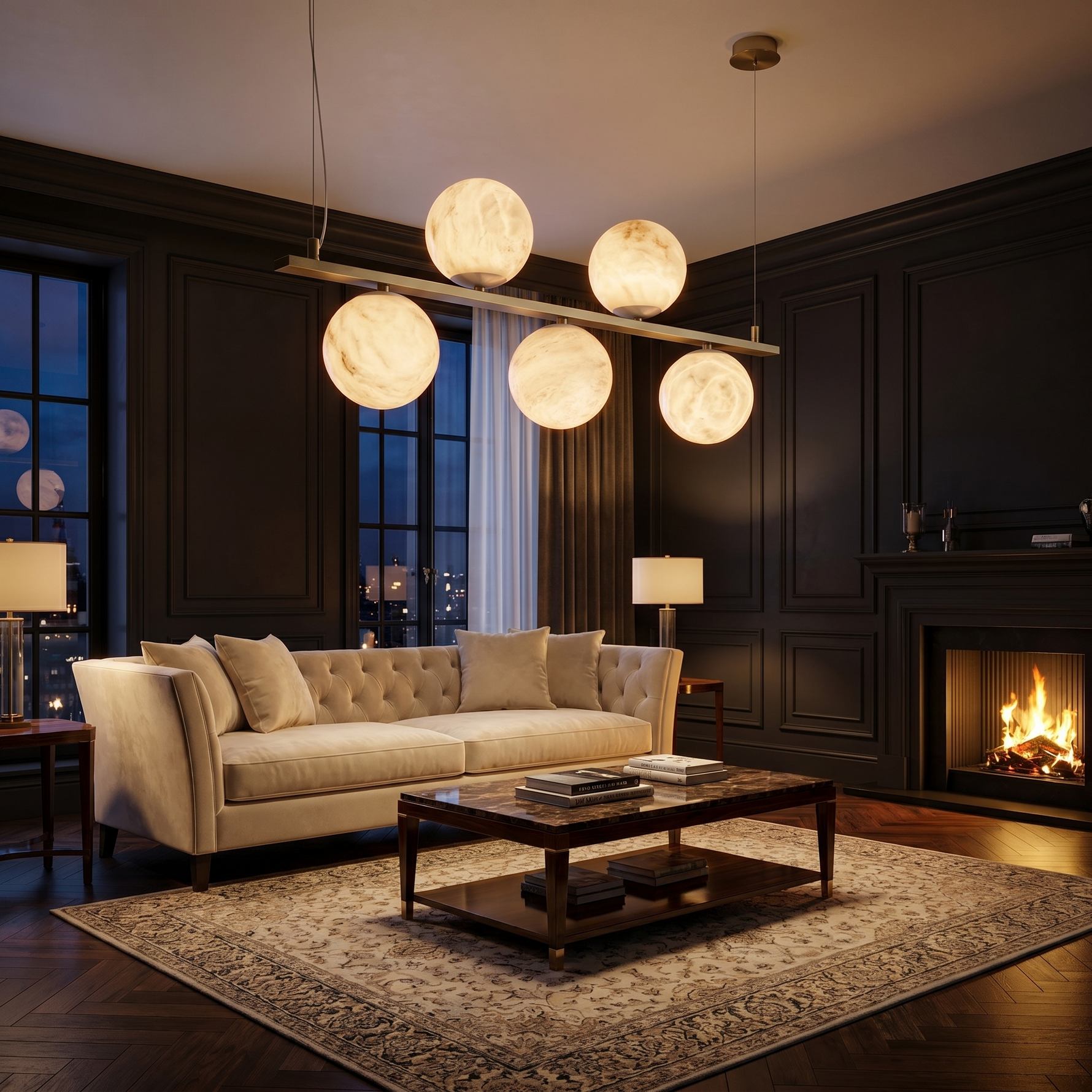 Brass 5-orb Linear Alabaster Pendant Light — W1000 — mra-brass-5-orb-linear-91027-w1000-scene-3