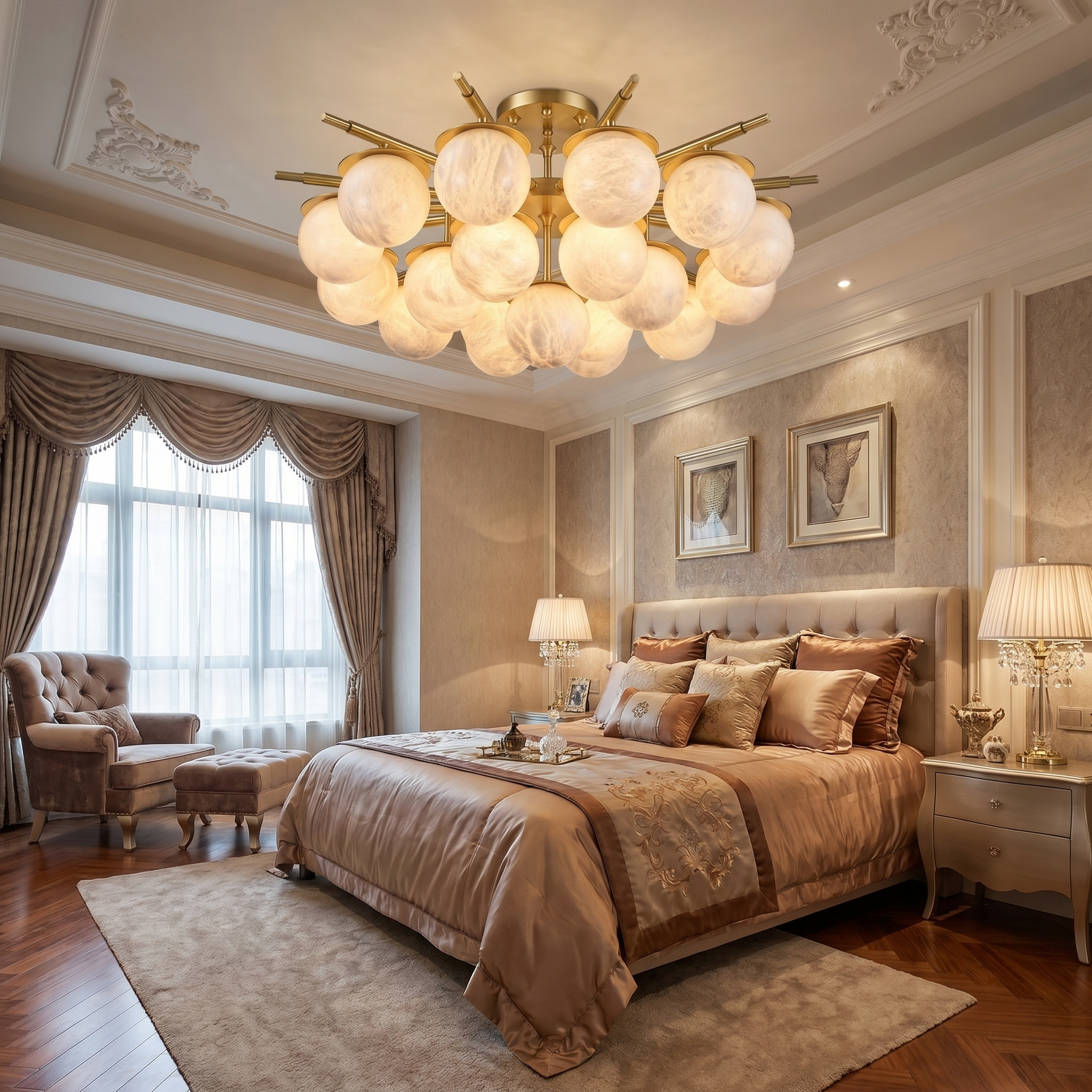 Brass Orb Cluster Ceiling Alabaster — D1000 — mra-brass-orb-cluster-ceiling-91066-d1000-scene-2