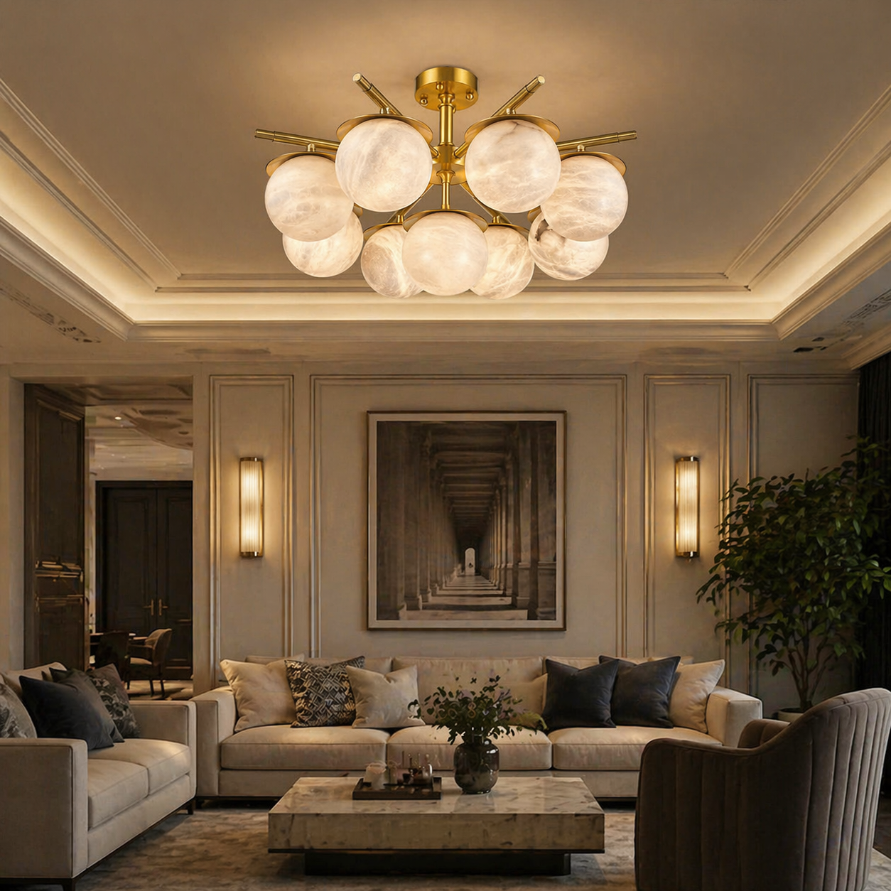 Brass Orb Cluster Ceiling Alabaster — D710 — mra-brass-orb-cluster-ceiling-91066-d710-scene-1