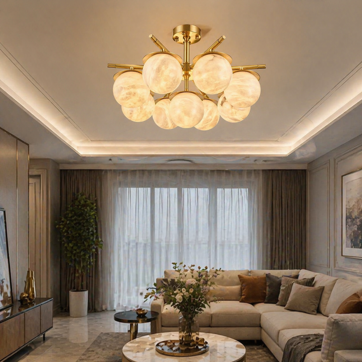 Brass Orb Cluster Ceiling Alabaster — D710 — mra-brass-orb-cluster-ceiling-91066-d710-scene-3