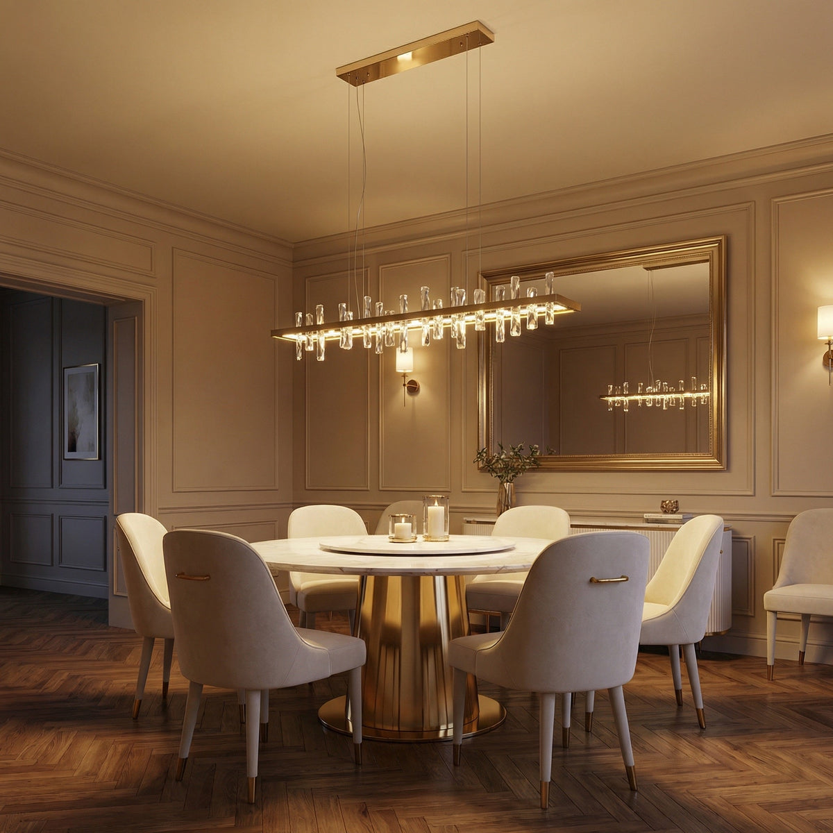 Modern dining room 47 inch Nora linear crystal pendant over dining table — Yiosi champagne gold