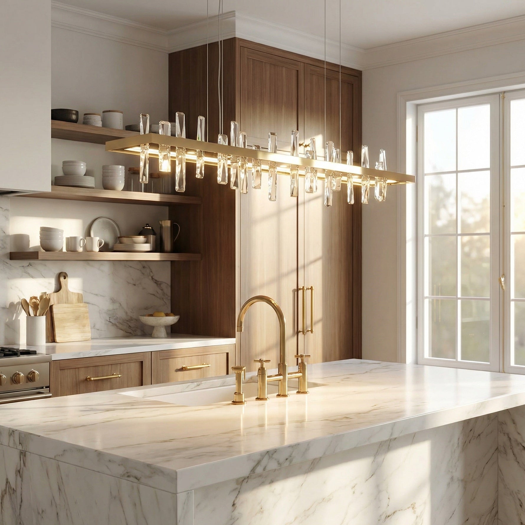 47 inch linear crystal pendant over kitchen island marble countertop — Yiosi Nora chandelier