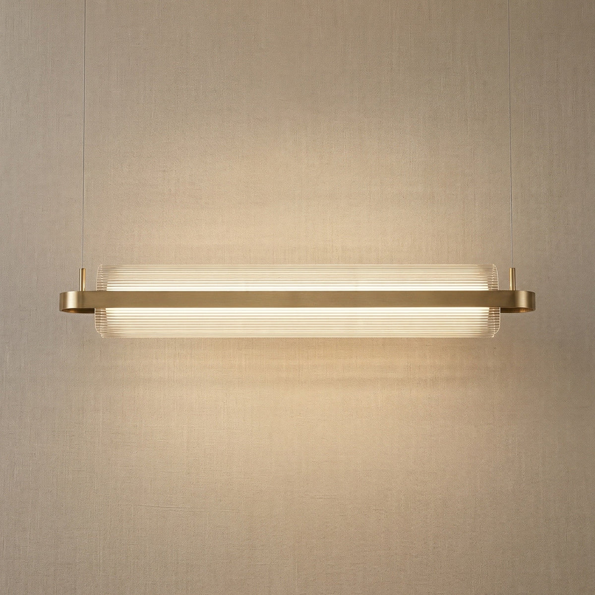 Yiosi Ribbon ribbed glass chandelier in modern American dining setting, warm glow